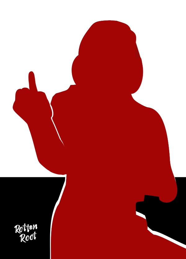 Ilustração com um fundo branco, no qual aparece a silhueta em vermelho de uma mulher com a mão direita fechada e apontada para a frente apenas com o dedo anelar levantado.